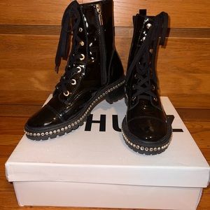 SCHUTZ Black patent boots with jewel details